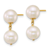 14k Polished 7-8mm Round White Freshwater Cultured 2-Pearl Dangle Post Earrings